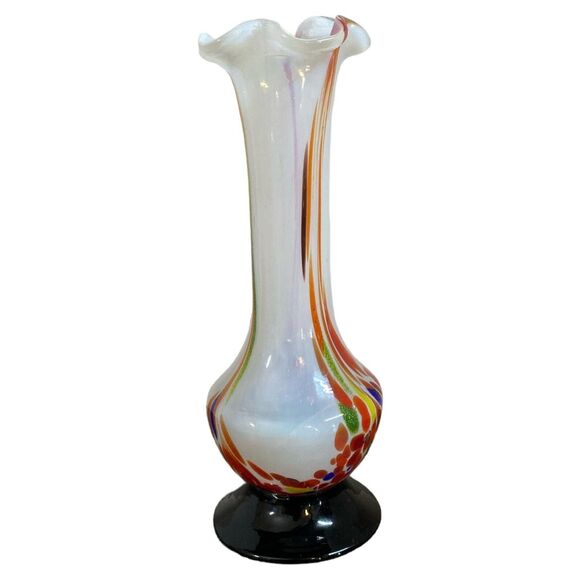 Hand Blown Art Glass Vase 8" Iridescent Ruffled Top Red Orange Abstract Floral - Picture 3 of 7